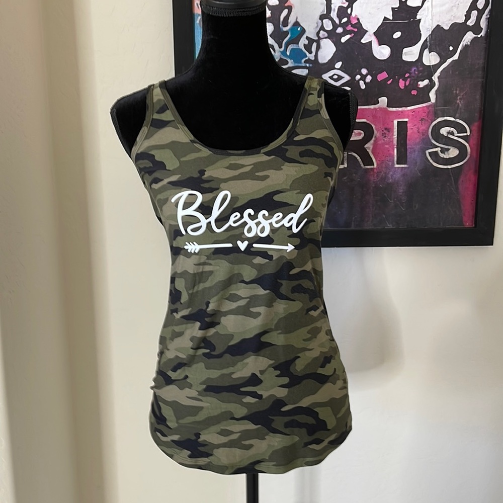 NWOT Sexy No Boundaries Blessed Green Camouflage Tank Size LG (11-13)